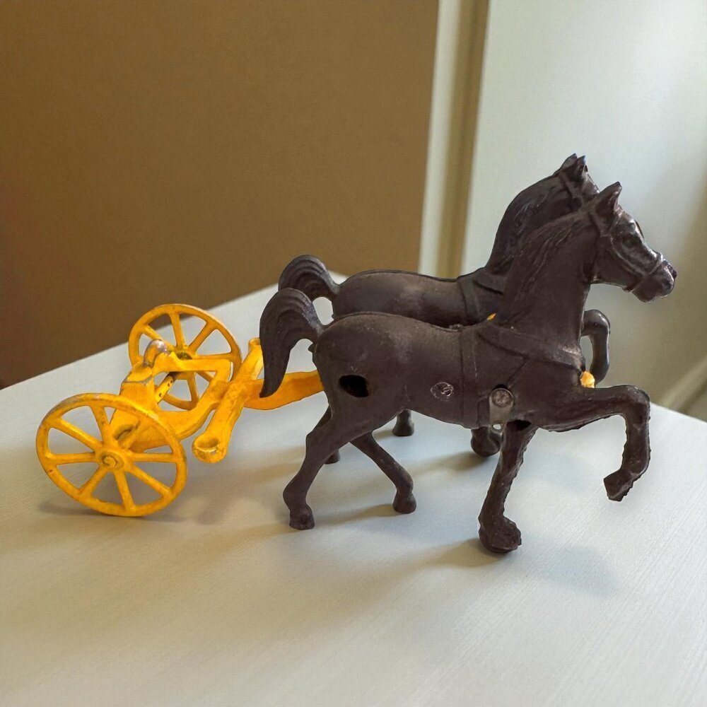 Vintage Cast Iron Horse Drawn Wagon Toy Carriage Made in USA Yellow Base